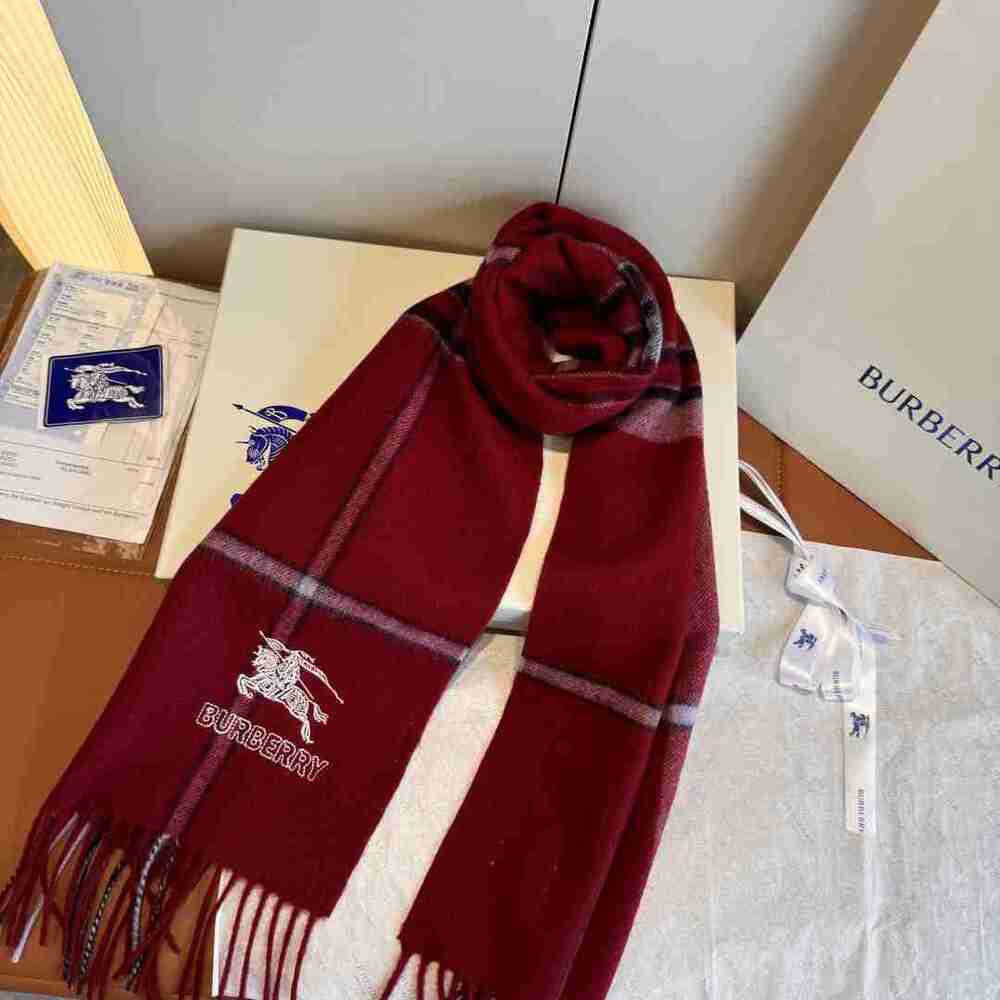 Burberry Wine Red Vintage Check Fringe Scarf Embroidered Knight Logo Winter Wrap